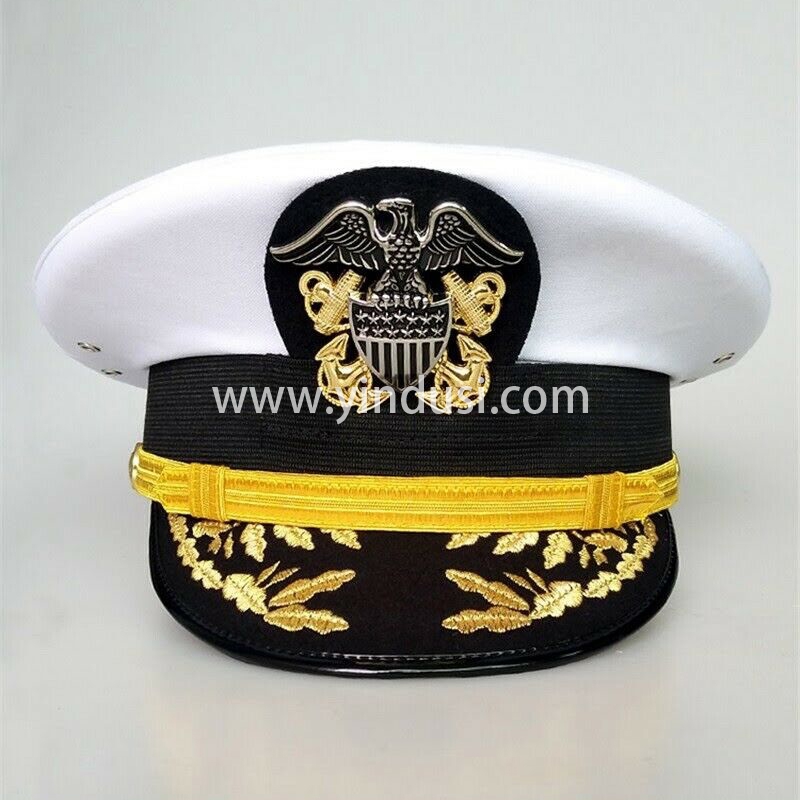 印度丝手工刺绣美国海军军官白色制服帽皇家海军上尉帽海军军官尖顶刺绣帽